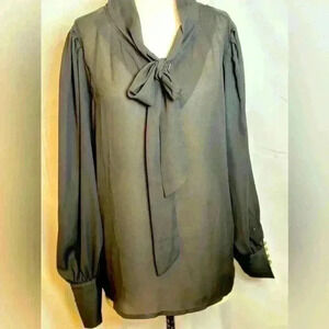 NWT - Allegra K Sheer Black Blouse w/gold button accents and bow (Size XL)